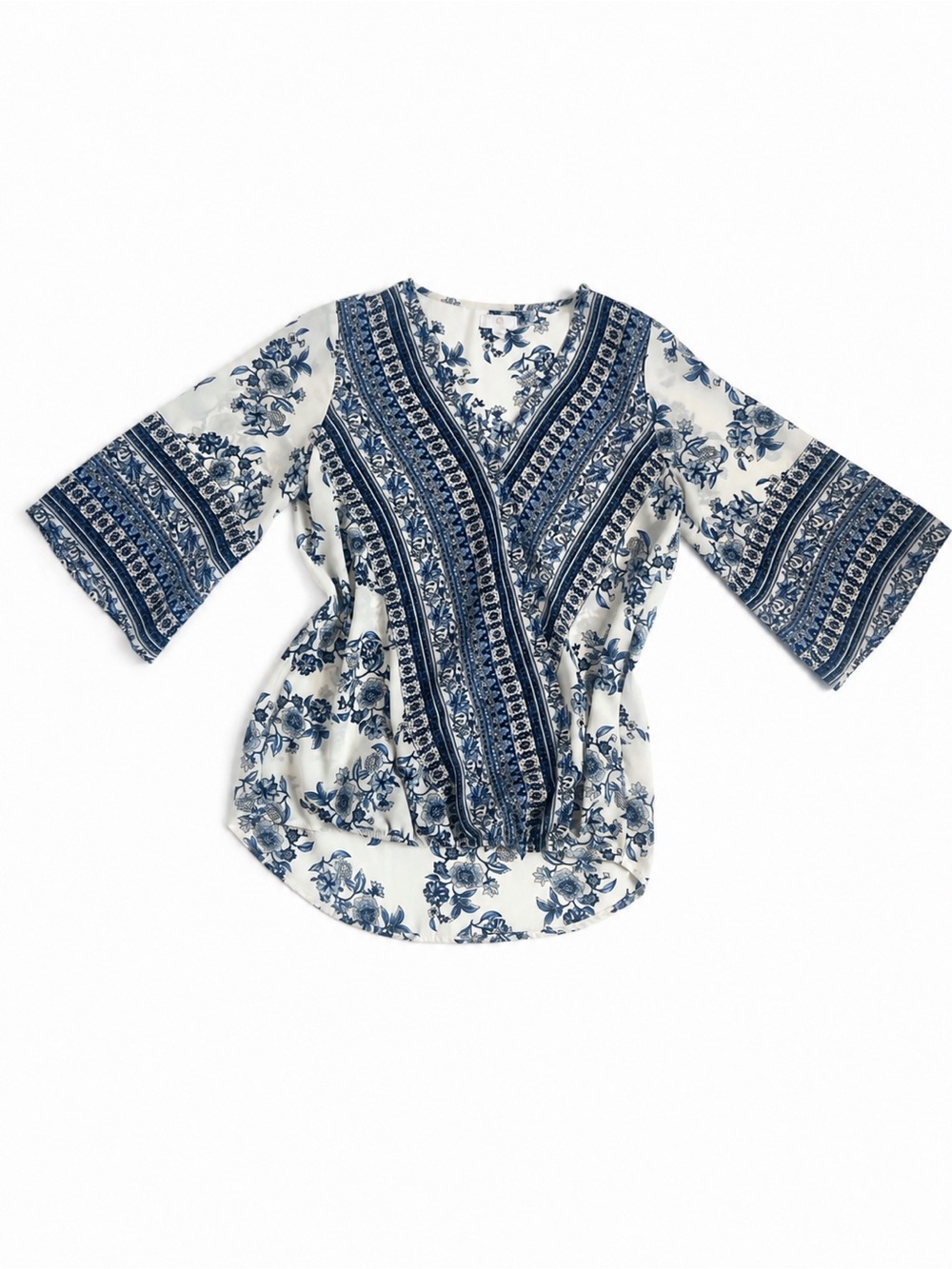 C. Wonder blue and white/offwhite floral print blouse in women’s size Medium.
